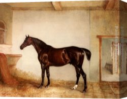 A Bay Hunter with Two Spaniels Canvas Paintings - A Bay Hunter In A Loose Box by John Ferneley Snr
