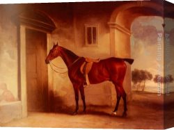 A Bay Hunter with Two Spaniels Canvas Paintings - A Saddled Bay Hunter In A Stableyard by John Ferneley Snr