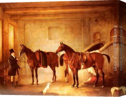 A Bay Hunter with Two Spaniels Canvas Paintings - Sir John Thorold's Bay Hunters With Their Groom In A Stable by John Ferneley Snr