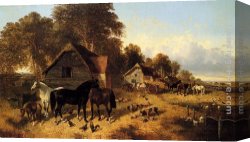 Ponies, a Calf And Poultry in a Farmyard Canvas Paintings - A Flourishing Farmyard by John Frederick Herring, Jnr