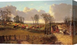 Hunting Canvas Paintings - A Hunting Scene with a Coach and Four on the Open Road by John Frederick Herring, Jnr