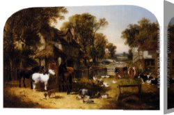 Ponies, a Calf And Poultry in a Farmyard Canvas Paintings - An English Farmyard Idyll by John Frederick Herring, Jnr