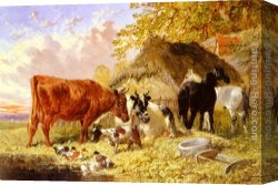 Goats Canvas Paintings - Horses, Cows, Ducks and a Goat by a Farmhouse by John Frederick Herring, Jnr