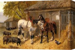 Ponies, a Calf And Poultry in a Farmyard Canvas Paintings - The Farmyard by John Frederick Herring, Jnr