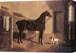 John Frederick Herring, Jnr Canvas Paintings - A Favorite Coach Horse and Dog in a Stable by John Frederick Herring Snr