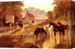 Highland Cattle Grazing by a Mountain Stream Canvas Paintings - The Evening Hour - Horses And Cattle By A Stream At Sunset by John Frederick Herring Snr