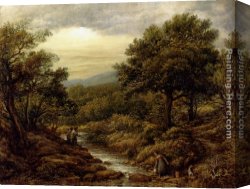 Lord Rivers' Roan Mare in a Landscape Canvas Paintings - A River Landscape, With Two Boys Fishing And A Girl Fetching Water by John Linnell