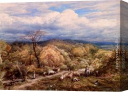 A Shepherd And His Dog Guarding a Flock of Sheep Canvas Paintings - An Autumn Afternoon With Shepherd And Flock by John Linnell