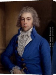 Gentleman Canvas Paintings - Portrait of a Gentleman, half-length, in a blue coat, holding a cane in his right hand by John Russell