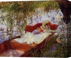The Abduction of a Herzegovenian Woman Canvas Paintings - Two Women Asleep in a Punt under the Willows by John Singer Sargent