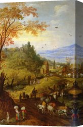 Cattle And Sheep Resting Canvas Paintings - A Rocky Landscape with Cattle on a Road by Joos De Momper