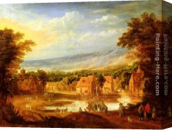 Lord Rivers' Roan Mare in a Landscape Canvas Paintings - An extensive river landscape with travellers approaching a village by Joos De Momper
