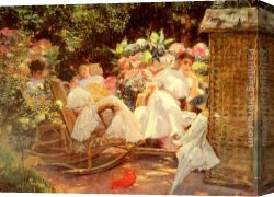 Ladies Canvas Paintings - Ladies In A Garden by Jose Villegas y Cordero