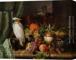 Still Life with Grapes, a Peach, Plums And a Pear on a Table with a Wine Glass And a Flask Canvas Paintings - A Cockatoo Grapes Figs Plums a Pineapple and a Peach by Josef Schuster
