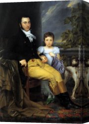 Gentleman Canvas Paintings - Portrait of a Prominent Gentleman with his Daughter and Hunting Dog by Joseph-Denis Odevaere