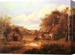 Gingerbread Cottage Canvas Paintings - Landscape with figures outside a thatched cottage by Joseph Thors
