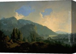 Lord Rivers' Roan Mare in a Landscape Canvas Paintings - An Italian Landscape with Mountains and a River by Joseph Wright of Derby
