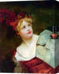 Jules Canvas Paintings - A Lady Wearing a Crimson Hat by Jules Adolphe Goupil