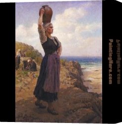 Jules Canvas Paintings - A la Fontaine by Jules Breton