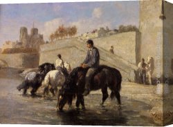 Jules Canvas Paintings - Chevaux s'Abreuvant dans la Seine Derriere Notre Dame by Jules Jacques Veyrassat