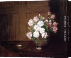 Table Canvas Paintings - Roses in a Silver Bowl on a Mahogany Table by Julian Alden Weir