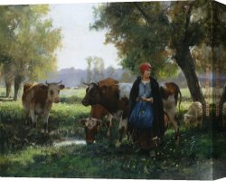 Julien Canvas Paintings - A Bord de la Mare by Julien Dupre