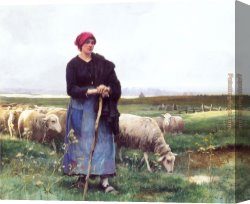 Julien Canvas Paintings - A Shepherdess with her flock by Julien Dupre