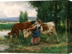 Julien Canvas Paintings - Femme et vaches par l'eau by Julien Dupre