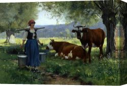 Julien Canvas Paintings - Milkmaid with Cows 2 by Julien Dupre