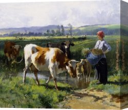 Julien Canvas Paintings - Milkmaid with Cows by Julien Dupre