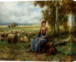 Julien Canvas Paintings - Shepherdess Watching Over Her Flock by Julien Dupre