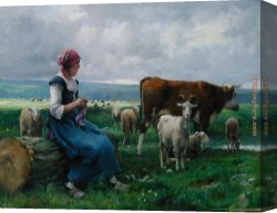Julien Canvas Paintings - Shepherdess with Goat Sheep and Cow by Julien Dupre