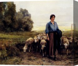 Julien Canvas Paintings - Shepherdess With Her Flock by Julien Dupre