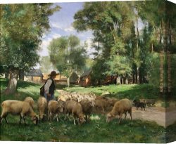 Julien Canvas Paintings - Un Berger et son Troupeau by Julien Dupre