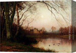 Julius Canvas Paintings - A Woodland With Ducks In A Pond by Julius Jacobus Van De Sande Bakhuyzen