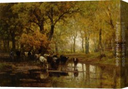 Julius Canvas Paintings - Watering Cows in a Pond by Julius Jacobus Van De Sande Bakhuyzen