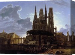 Spanish Town Canvas Paintings - Medieval Town by Water by Karl Friedrich Schinkel