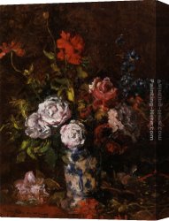 Exotic Floral II Canvas Paintings - Floral still life in a blue and white porcelain vase by Karl Pierre Daubigny