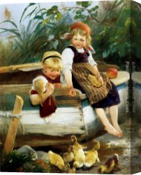 Feeding Canvas Paintings - Feeding The Ducklings by Karl Raupp