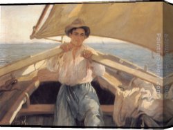 The Men That Man The Life Boat Canvas Paintings - A Young Man In A Boat by Laureano Barrau