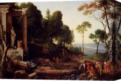 A Shepherd And His Dog Guarding a Flock of Sheep Canvas Paintings - Landscape With Shepherds Watering Their Flocks by Laurent De La Hire