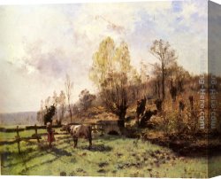 Cows Canvas Paintings - A Pastoral Scene with a Milkmaid and a Cow by Leon Germain Pelouse