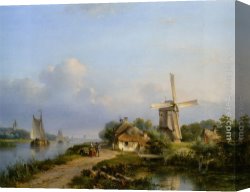 A Sunlit Townview with Figures Gathered on a Square Along a Canal Canvas Paintings - Figures on a Canal near a Windmill by Lodewijk Johannes Kleijn