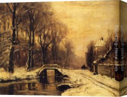 A Wooded Landscape with a Figure Crossing a Bridge Over a Stream Canvas Paintings - A Snowcovered Forest With A Bridge Across A Stream by Louis Apol