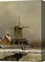 Figure Classic Canvas Paintings - Figures by a windmill in a snow covered landscape by Louis Apol