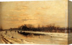 The Pear Orchard Canvas Paintings - Winter An Orchard Alongside A Canal With A Farmhouse In The Distance At Dusk by Louis Apol