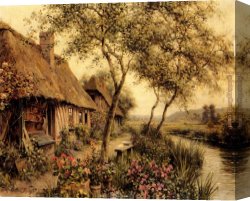 Aston Canvas Paintings - Cottages Beside A River by Louis Aston Knight