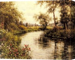 Aston Canvas Paintings - Flowers in Bloom by a River by Louis Aston Knight
