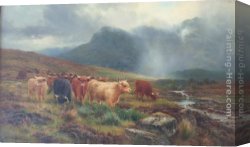 Highland Cattle Grazing by a Mountain Stream Canvas Paintings - Highland Cattle Showers that Veil the Distant Hills by Louis Bosworth Hurt