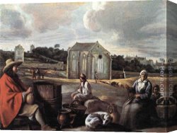 Nain Canvas Paintings - Landscape with Peasants and a Chapel by Louis Le Nain